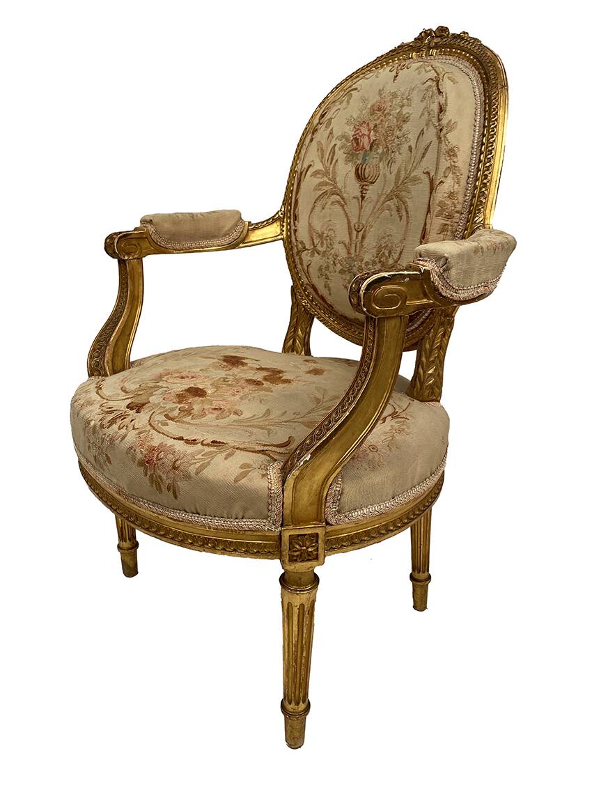 Louis XVI style gilded wood armchair, late 19th or early 20th century