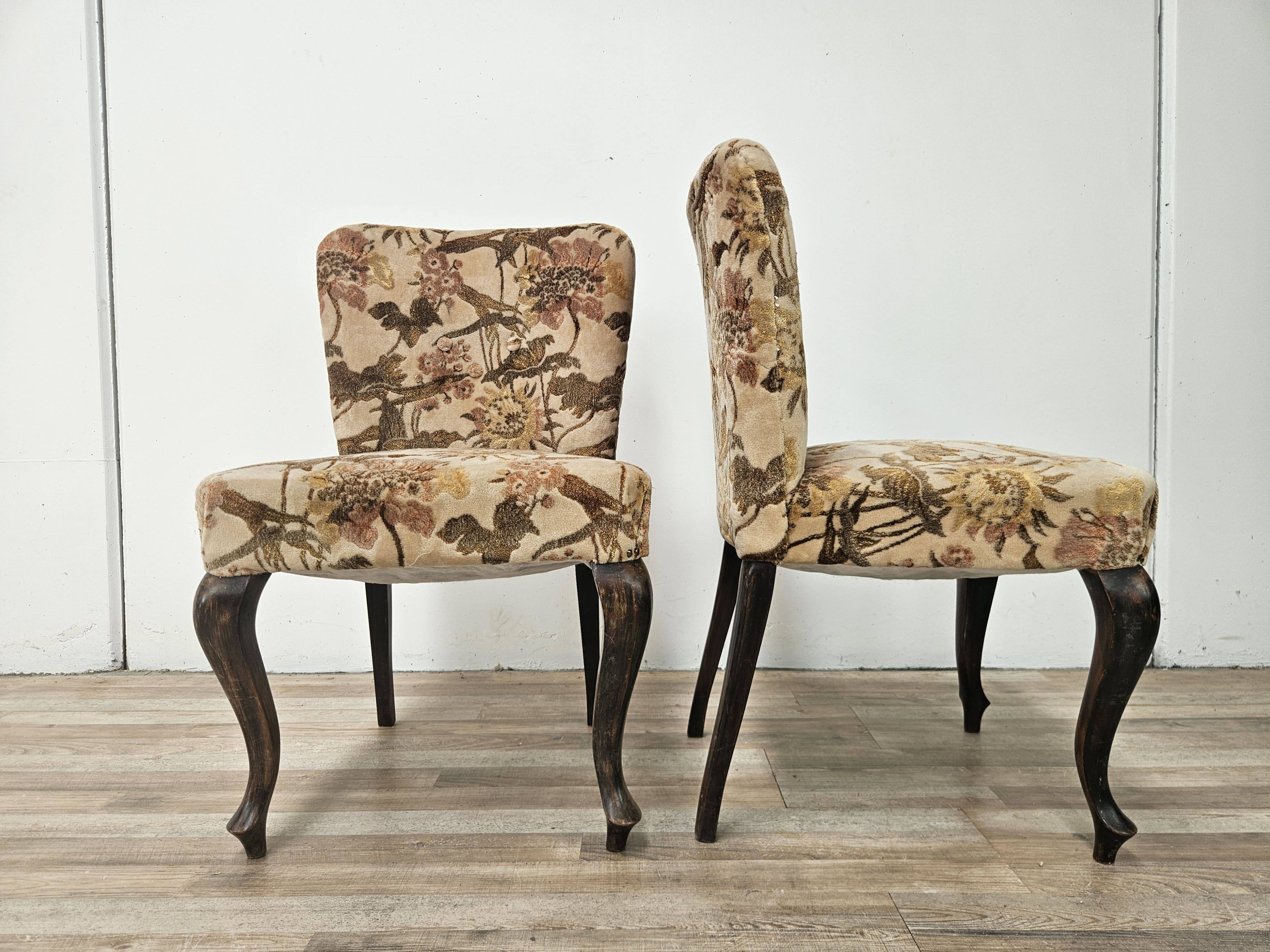 Pair of bedroom armchairs in walnut and fabric, 1960