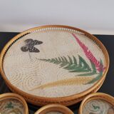 Tray Set and 5 Butterfly Aperitif Coasters - Bamboo and Rattan - Vintage