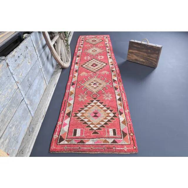 Vintage Turkish Oushak Handmade Wool Cotton Pink Runner Rug 86x362