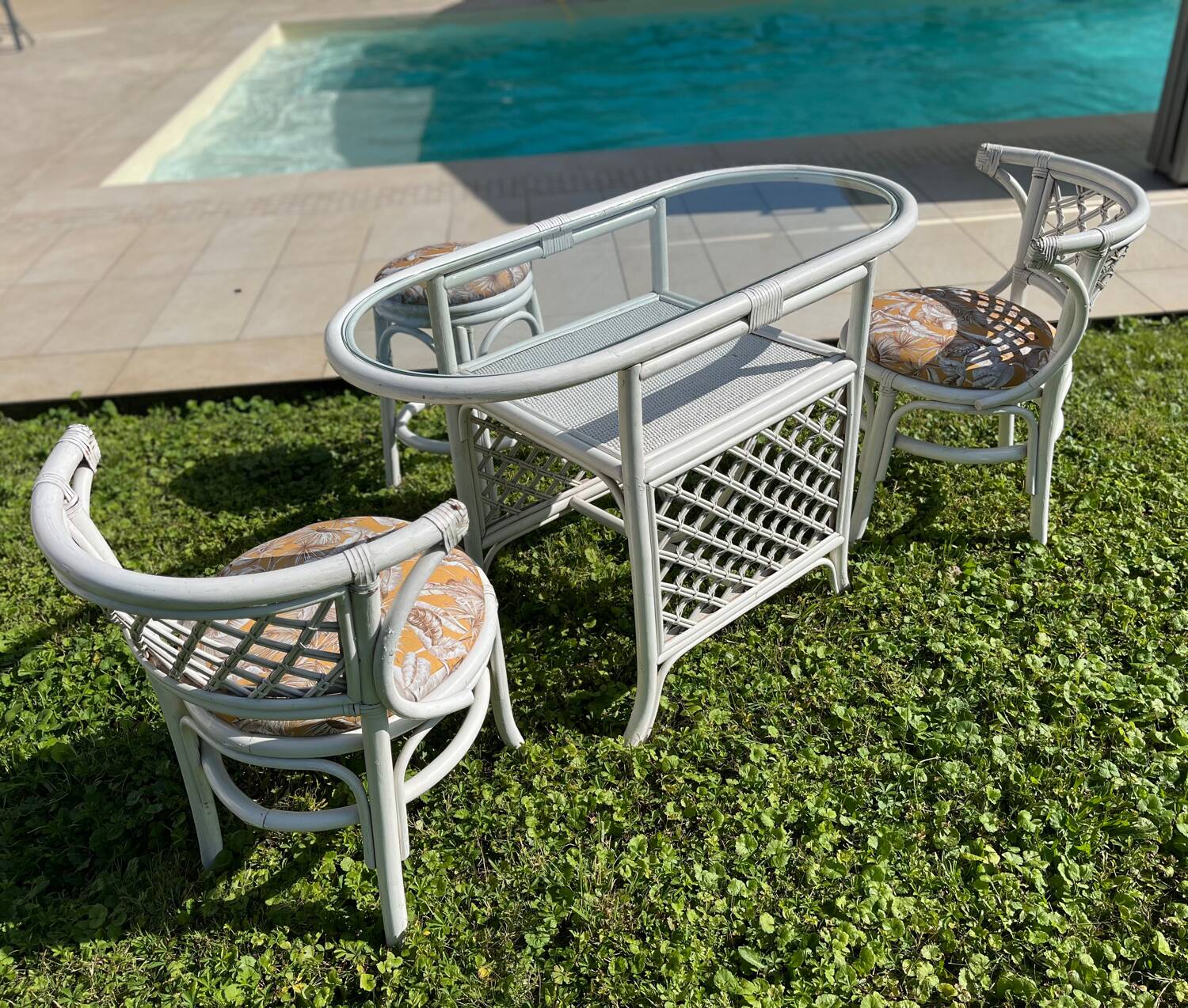 Vintage White Rattan/Bamboo Garden Furniture Set with 2 Chairs and a Stool