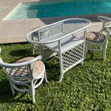 Vintage White Rattan/Bamboo Garden Furniture Set with 2 Chairs and a Stool