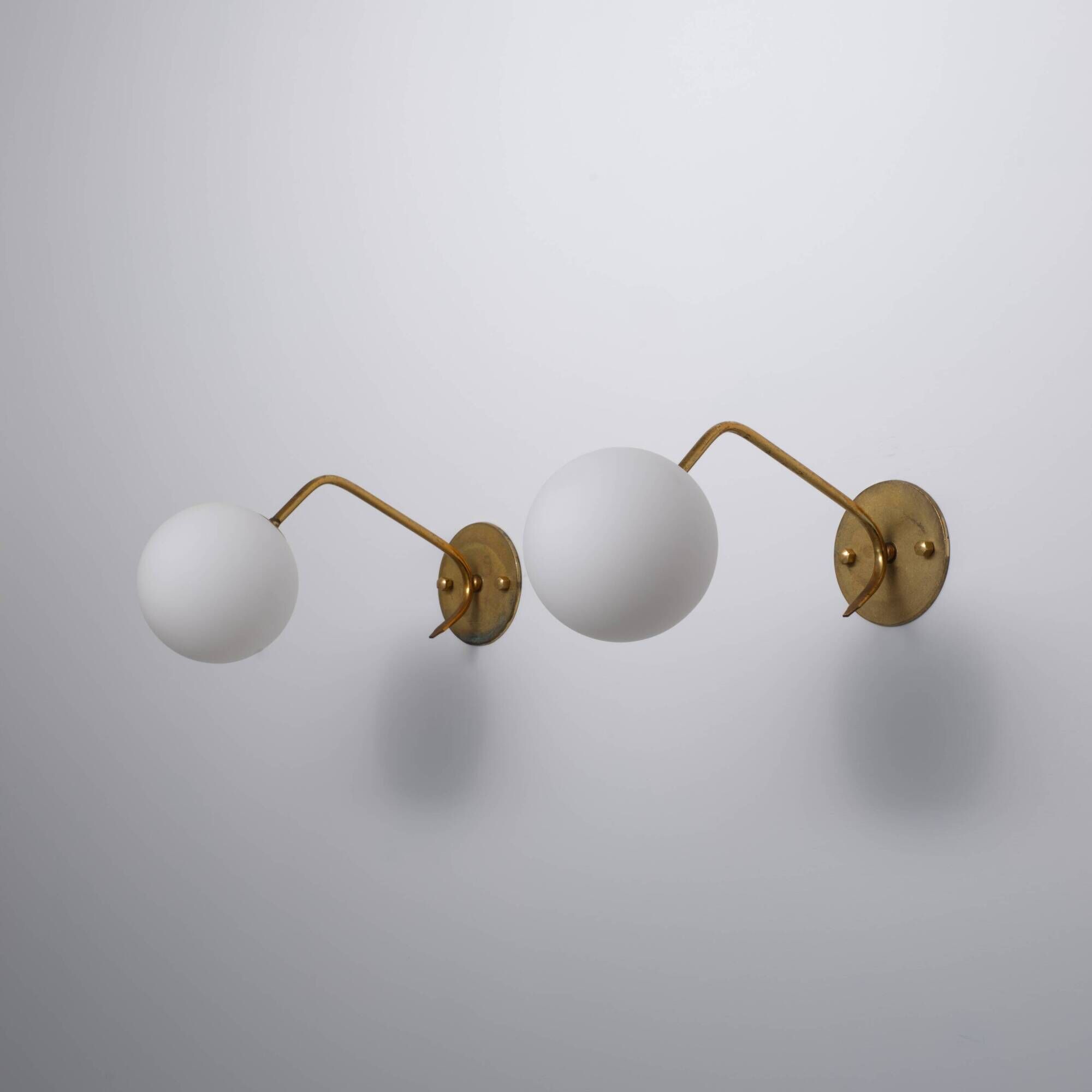 Pair of 1950s Italian Brass Sconces with Opaline Glass Globes