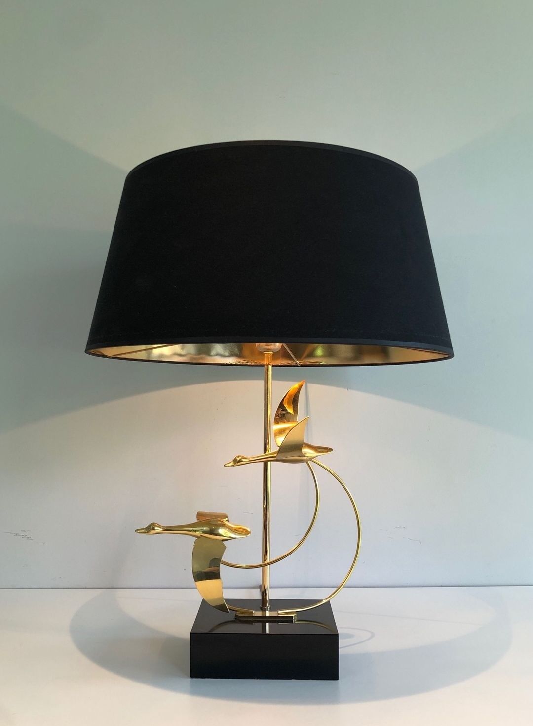 Brass Table Lamp with Wild Goose Flight, French Work, circa 1970