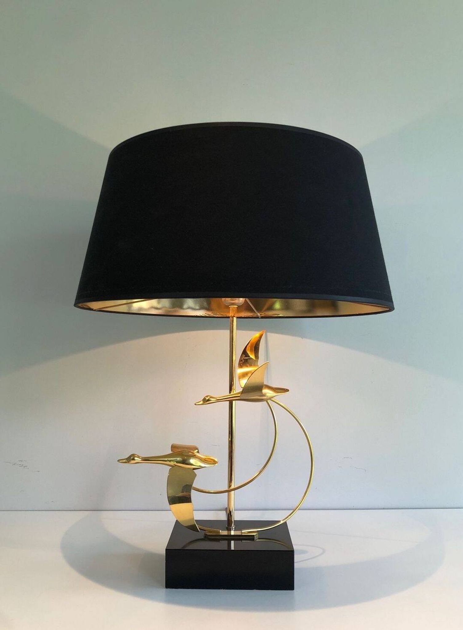 Brass Table Lamp with Wild Goose Flight, French Work, circa 1970