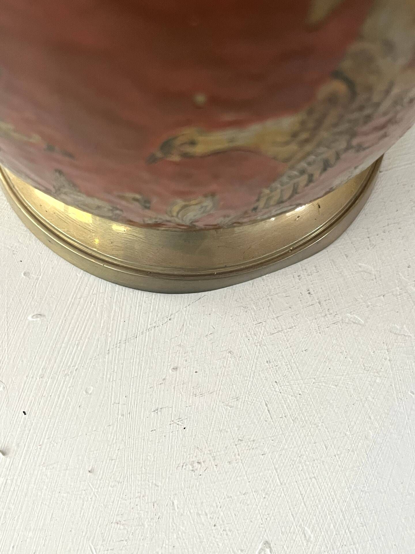 Ice Bucket, Enamel Red and Gold French Brass Champagne Cooler, Vintage