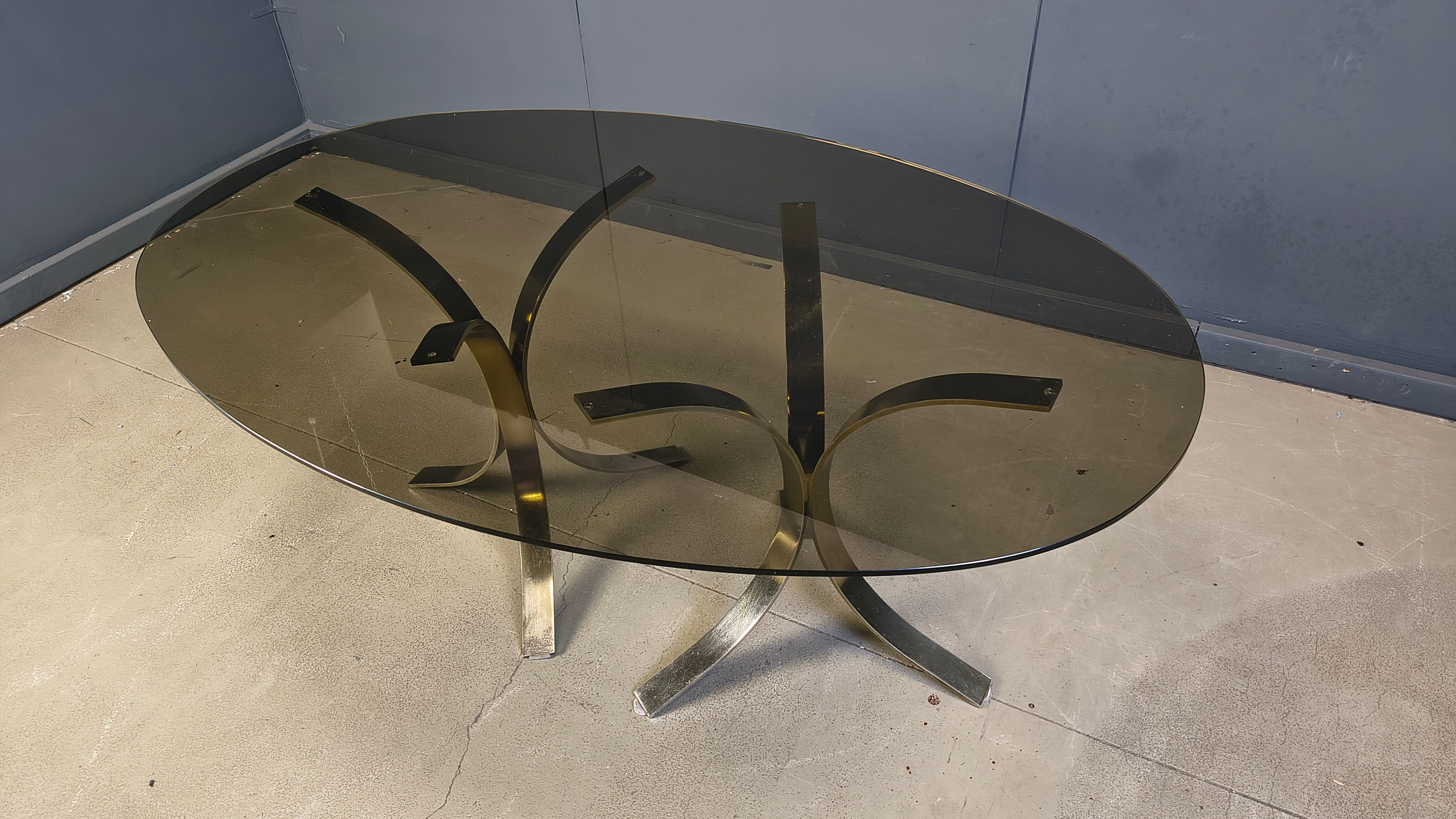 Vintage brass oval glass dining table, 1970s
