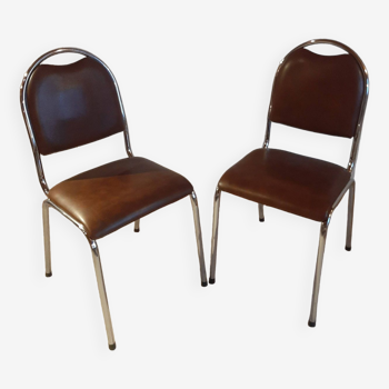 Set of 2 chairs - Wood - metal - brown imitation leather