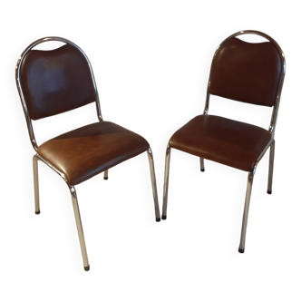 Set of 2 chairs - Wood - metal - brown imitation leather