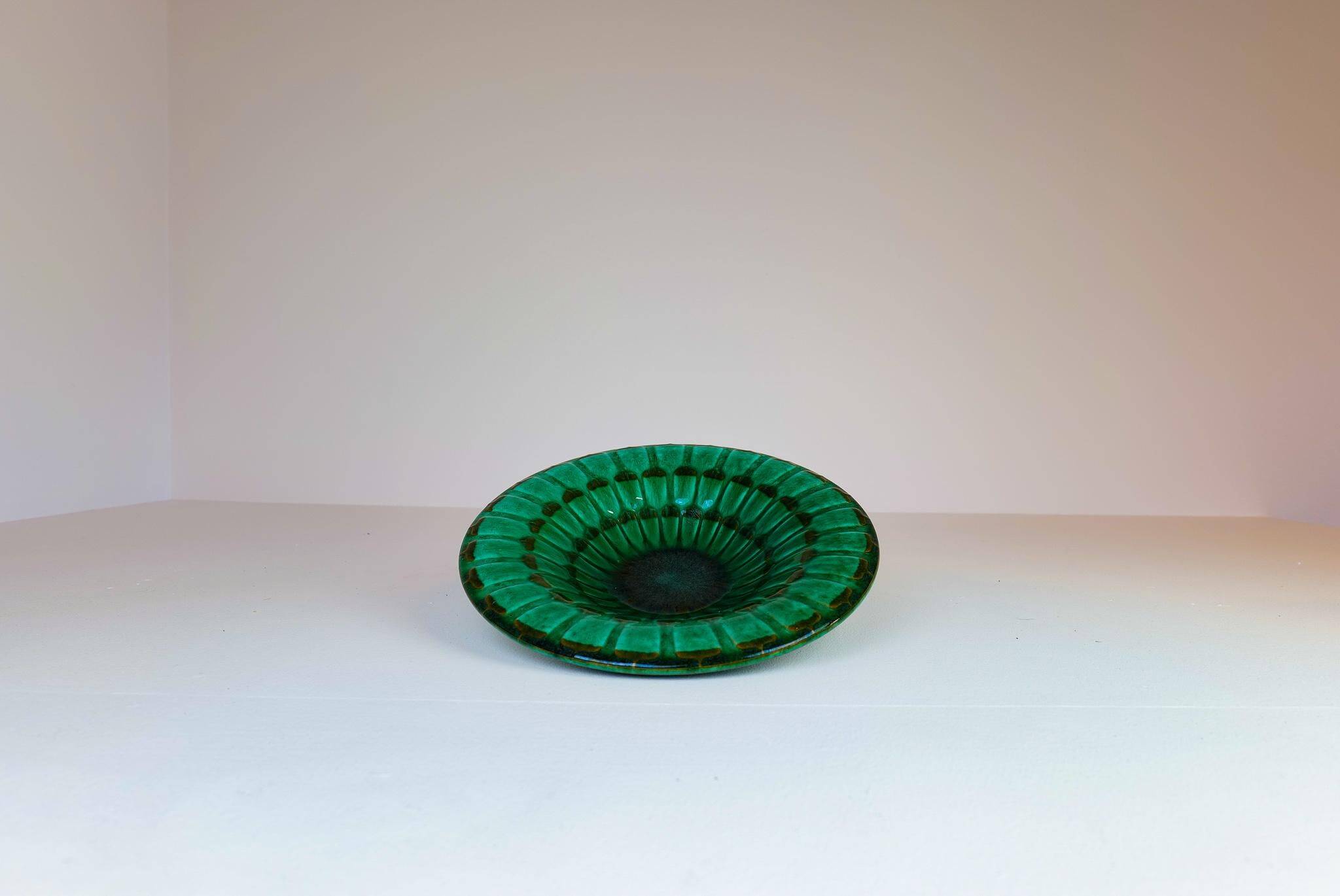Large Green Midcentury Ceramic Vases and Upsala Ekeby "Capri" Bowl/Tray from the 1950s