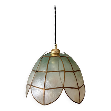 Suspension antique lampshade in blue mother-of-pearl and brass