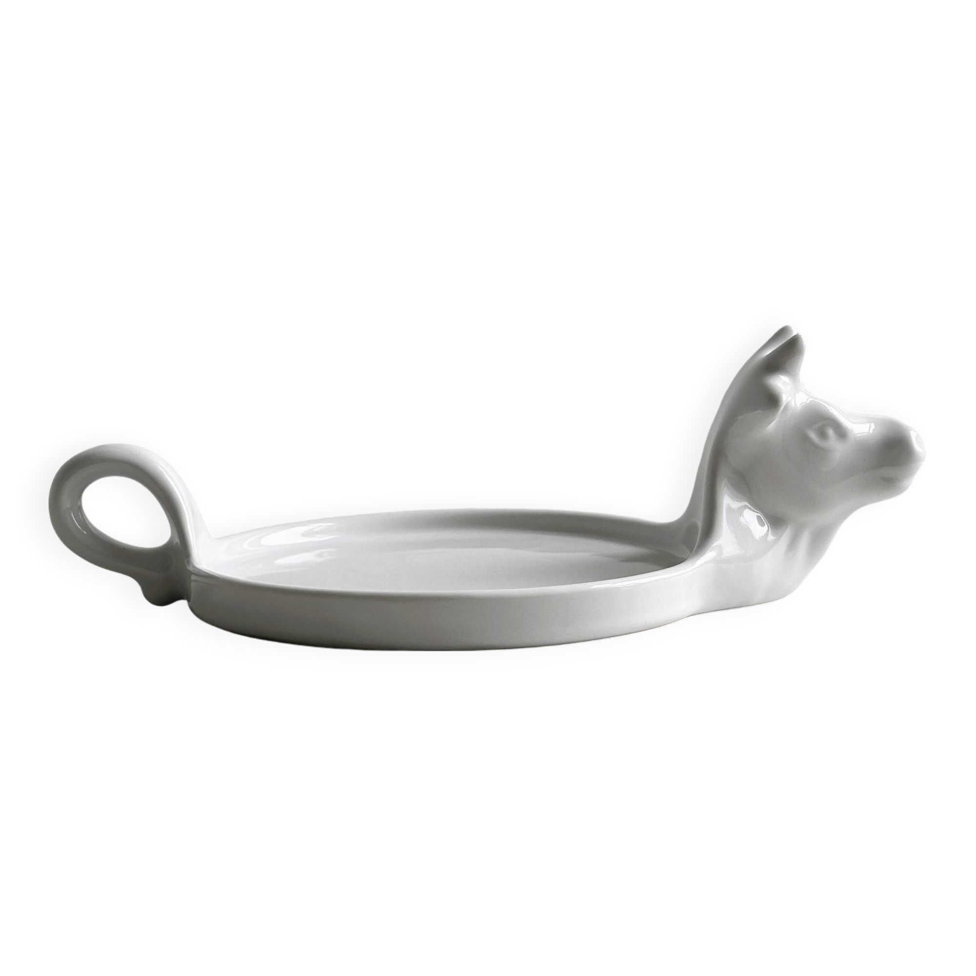 White porcelain cheese dish with handle and cow's head