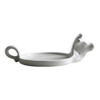 White porcelain cheese dish with handle and cow's head