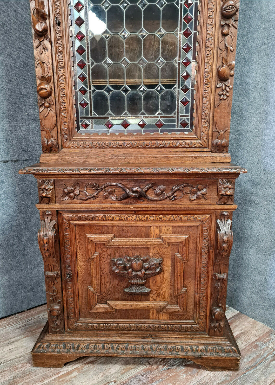 Renaissance library cabinet of hunting lodge in solid oak around 1850