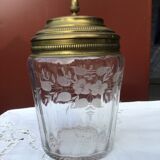 Glass cookie jar engraved metal frame brass