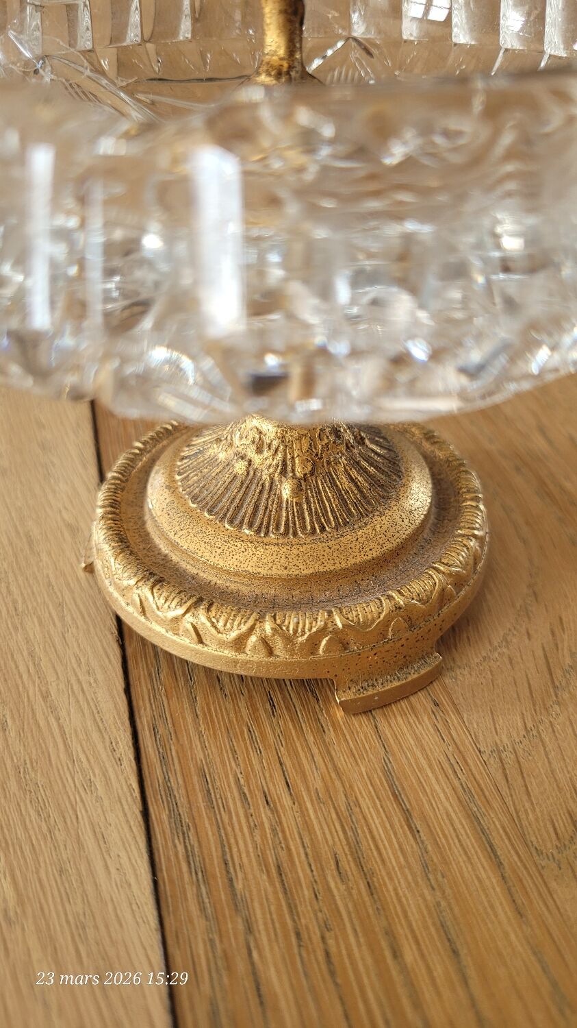 Tray / ashtray on a stand with cherub (glass and gilded metal)