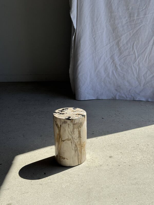 Petite table d'appoint en bois pétrifié blanche incrustée de noir H28 D18 -