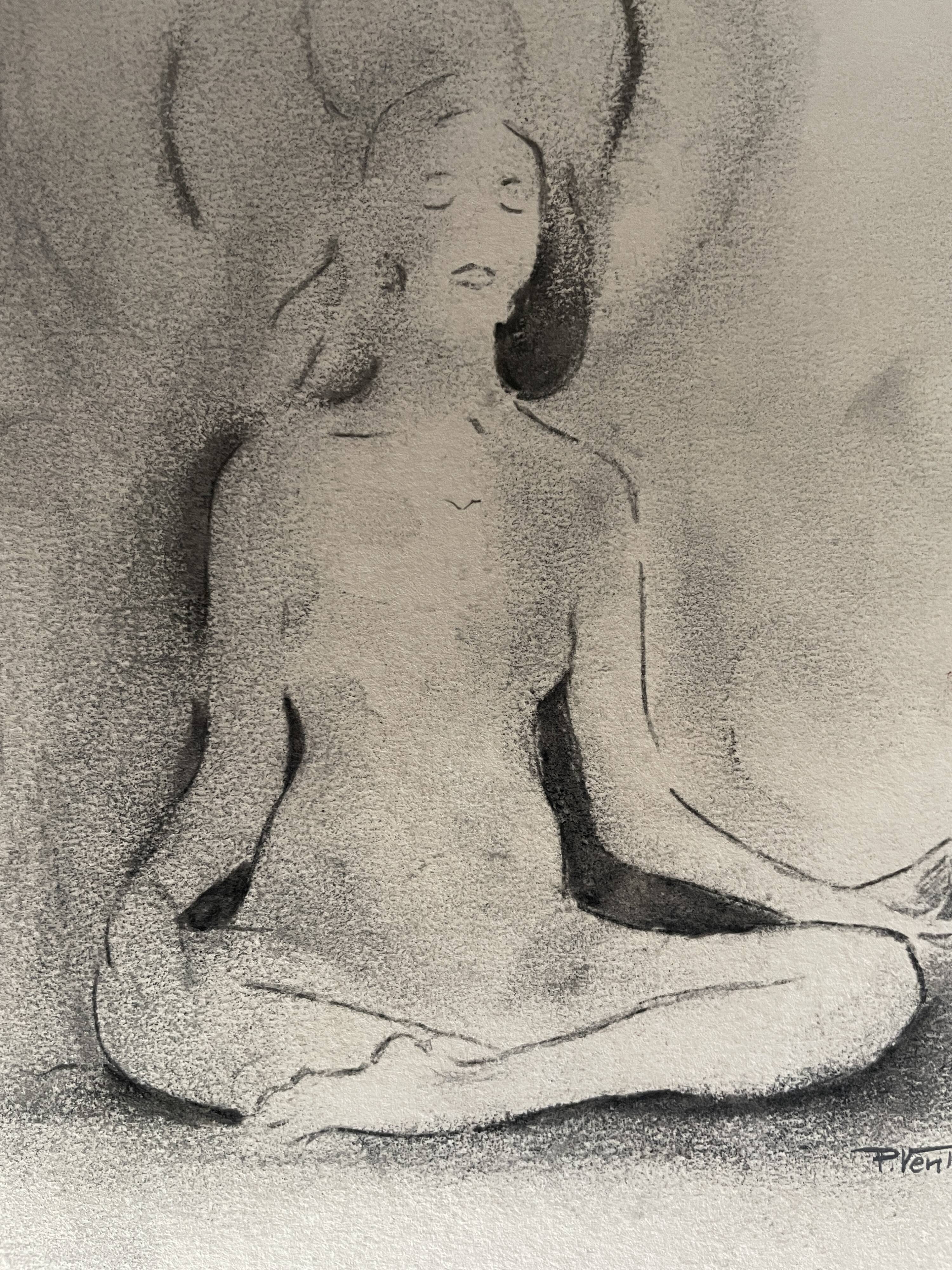 Painting signed charcoal woman buddha zen attitude