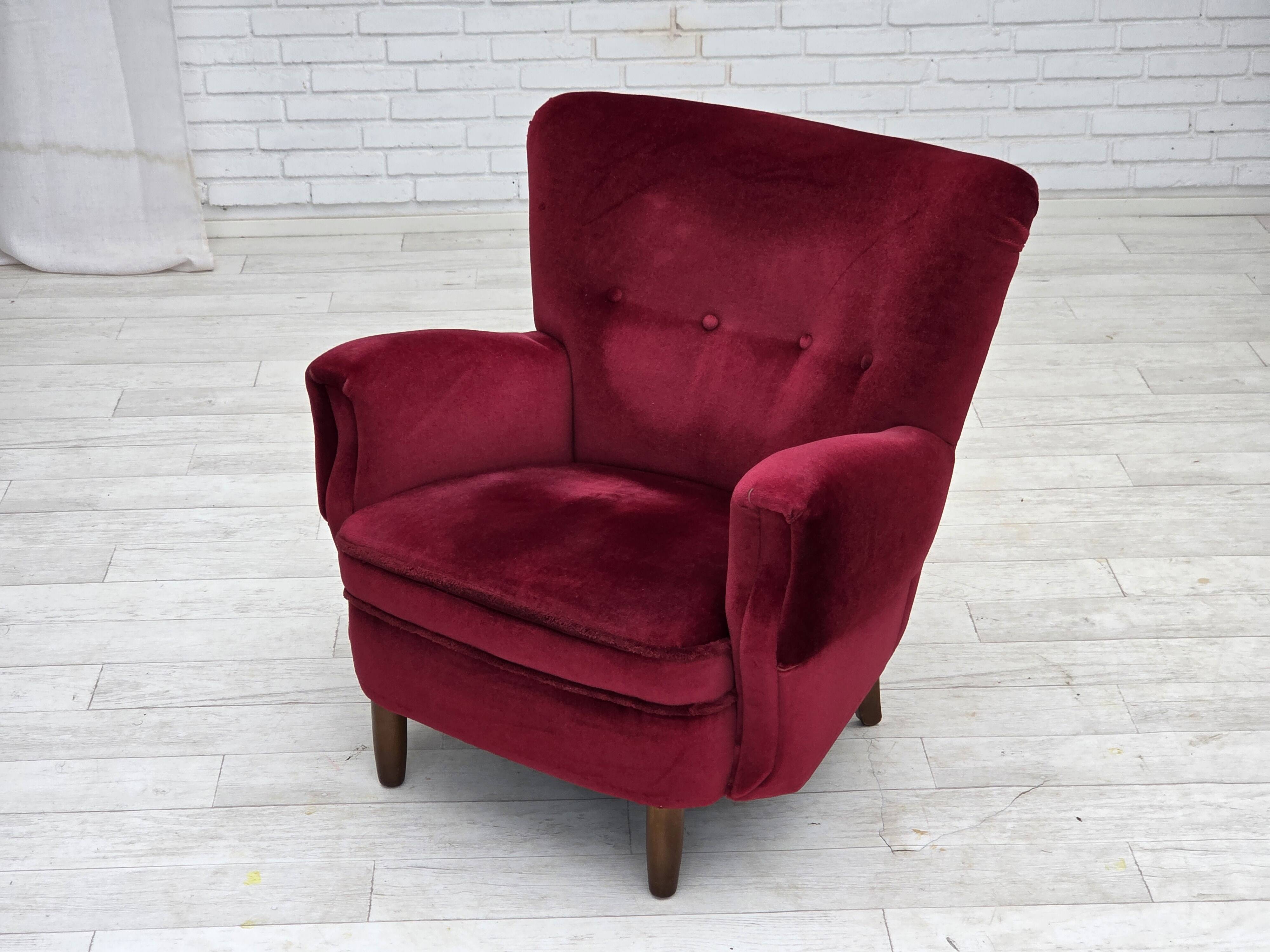 1960s, Danish armchair, cherry-red furniture velour, beech wood legs.