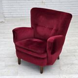 1960s, Danish armchair, cherry-red furniture velour, beech wood legs.