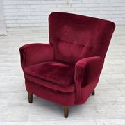 1960s, Danish armchair, cherry-red furniture velour, beech wood legs.
