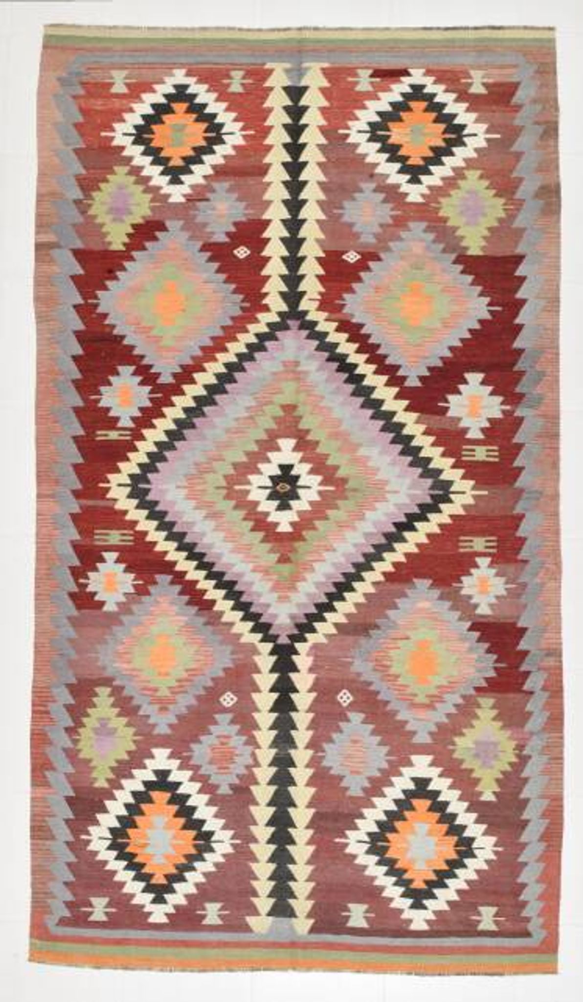 Tapis Kilim tribal vintage rouge foncé vert 5x10