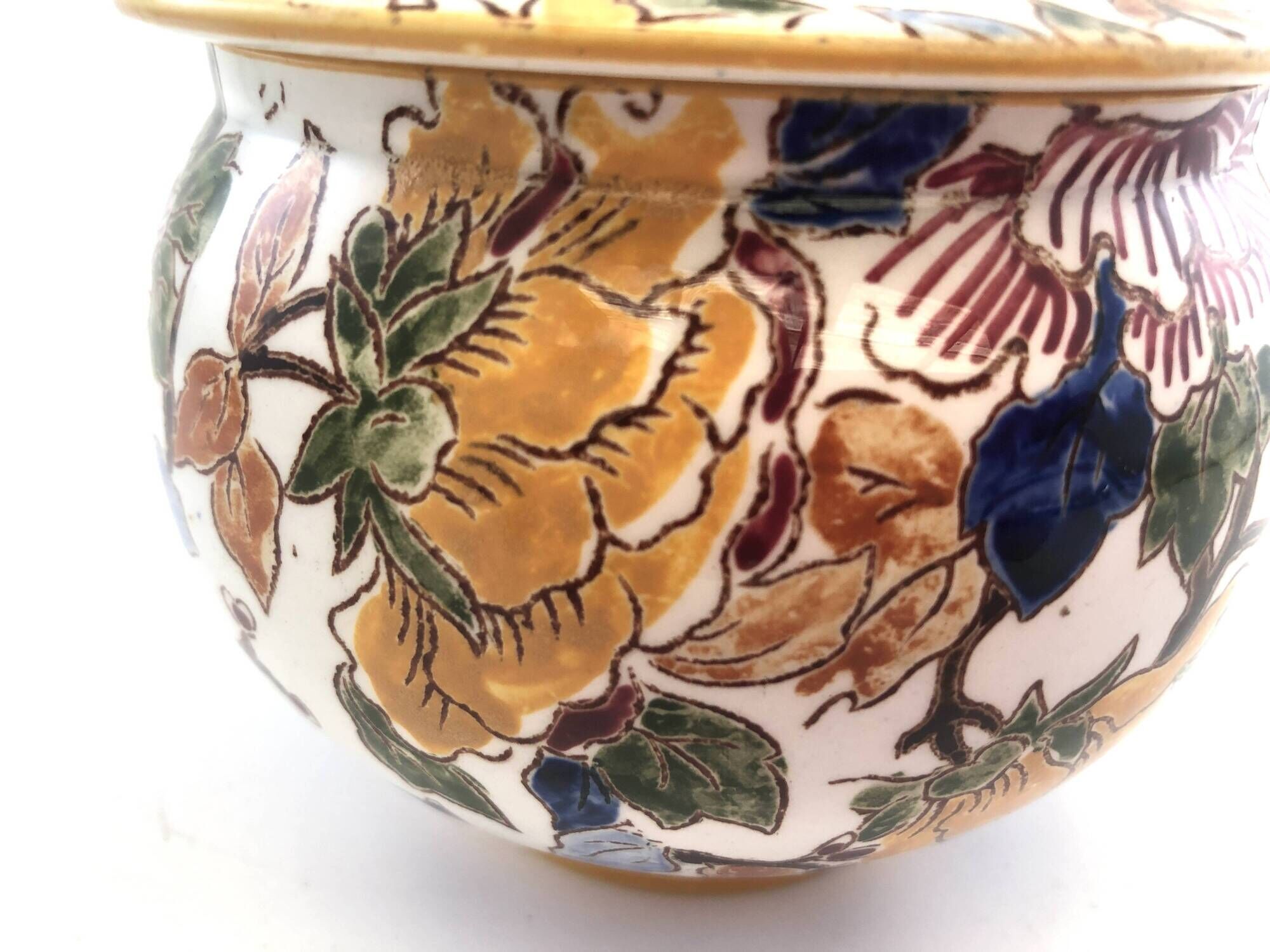 Old Sugar Bowl Candy Box Covered Earthenware Pot Gien Peonies