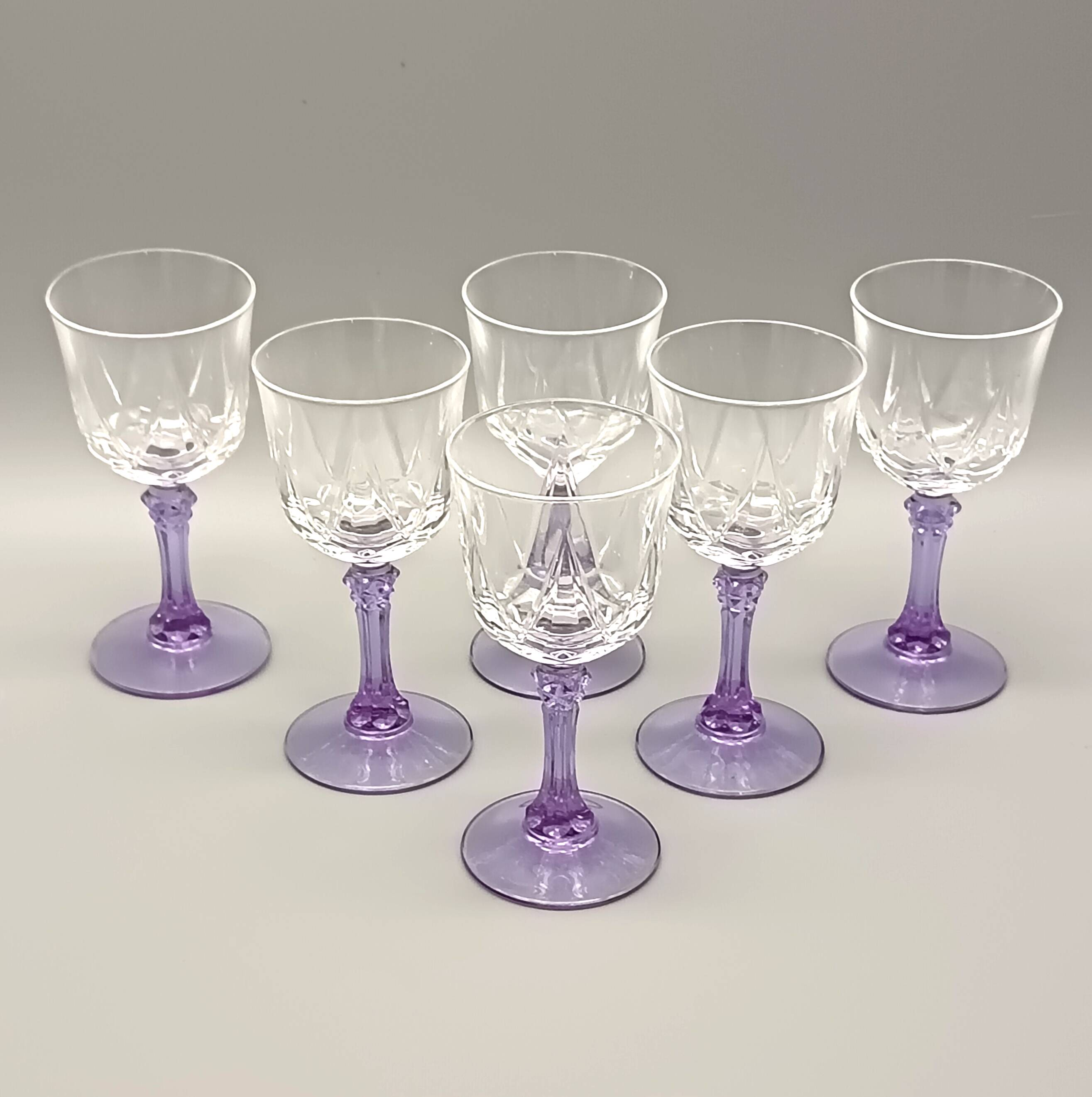 6 vintage purple stemmed liqueur glasses from France, Arques crystal