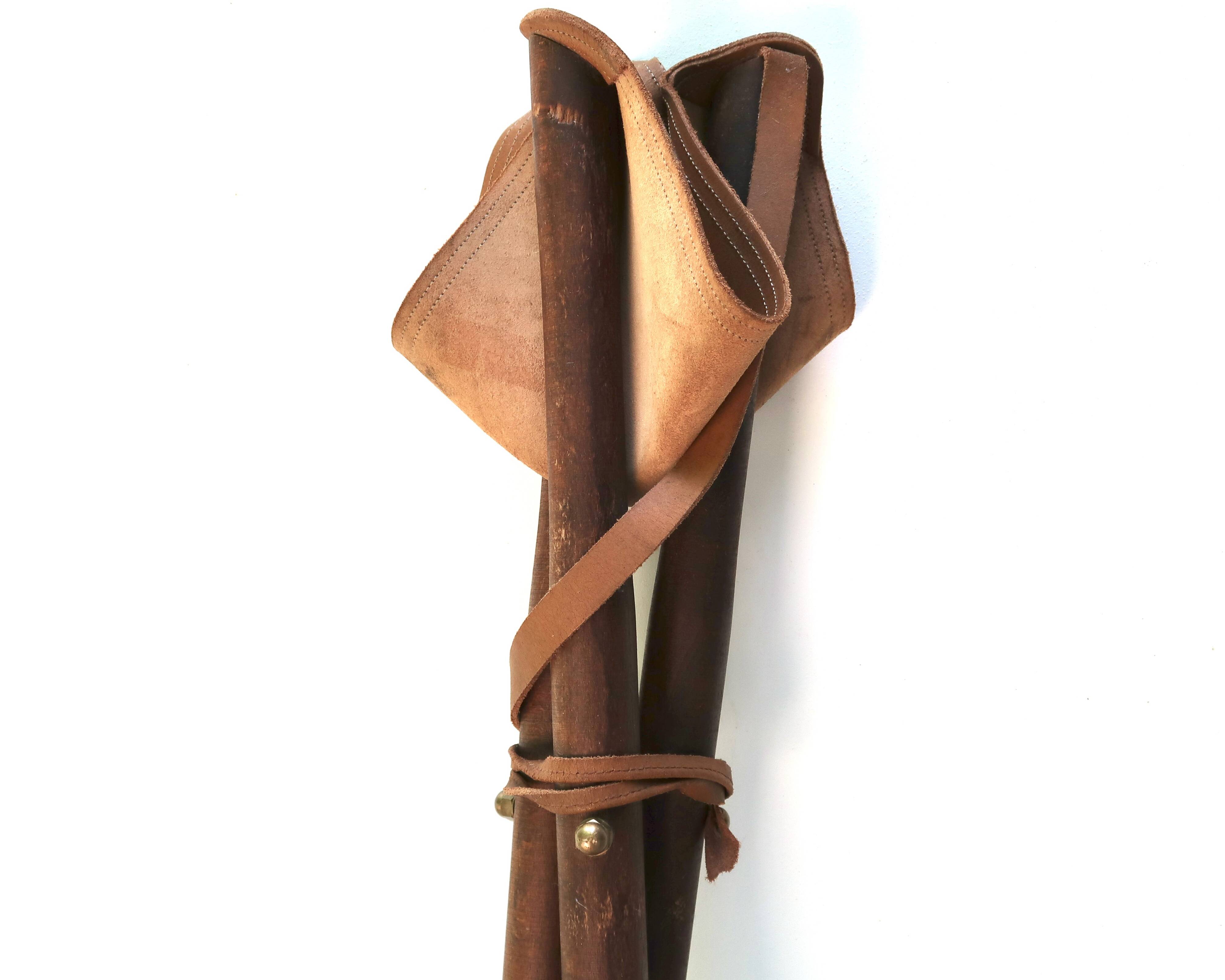 Folding tripod stool in wood and leather, 1950s