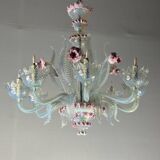 Lustre vénitien en verre de Murano bleu et rose, 8 bras de lumière, vers 19