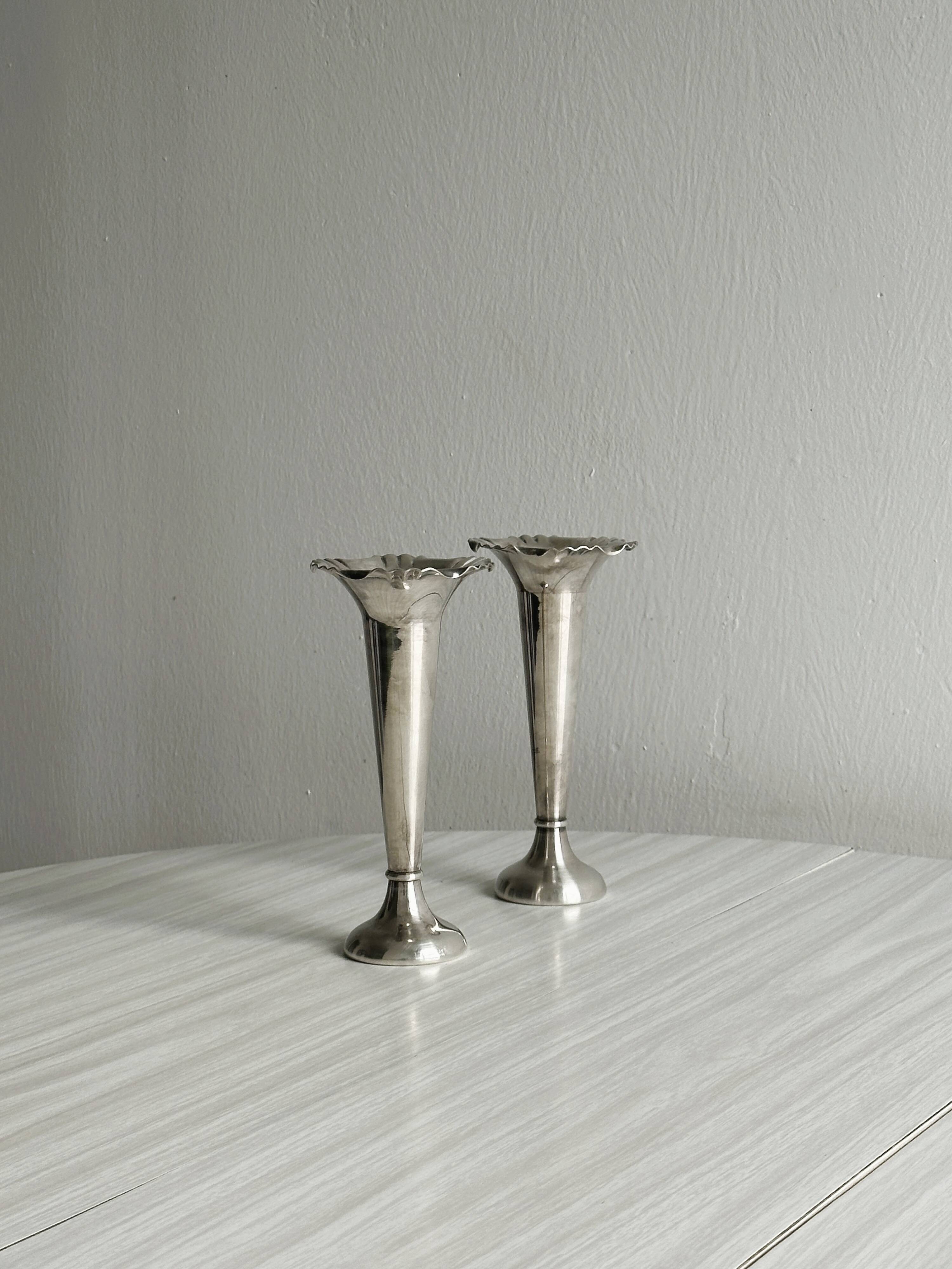 Pair of shiny silver metal vases
