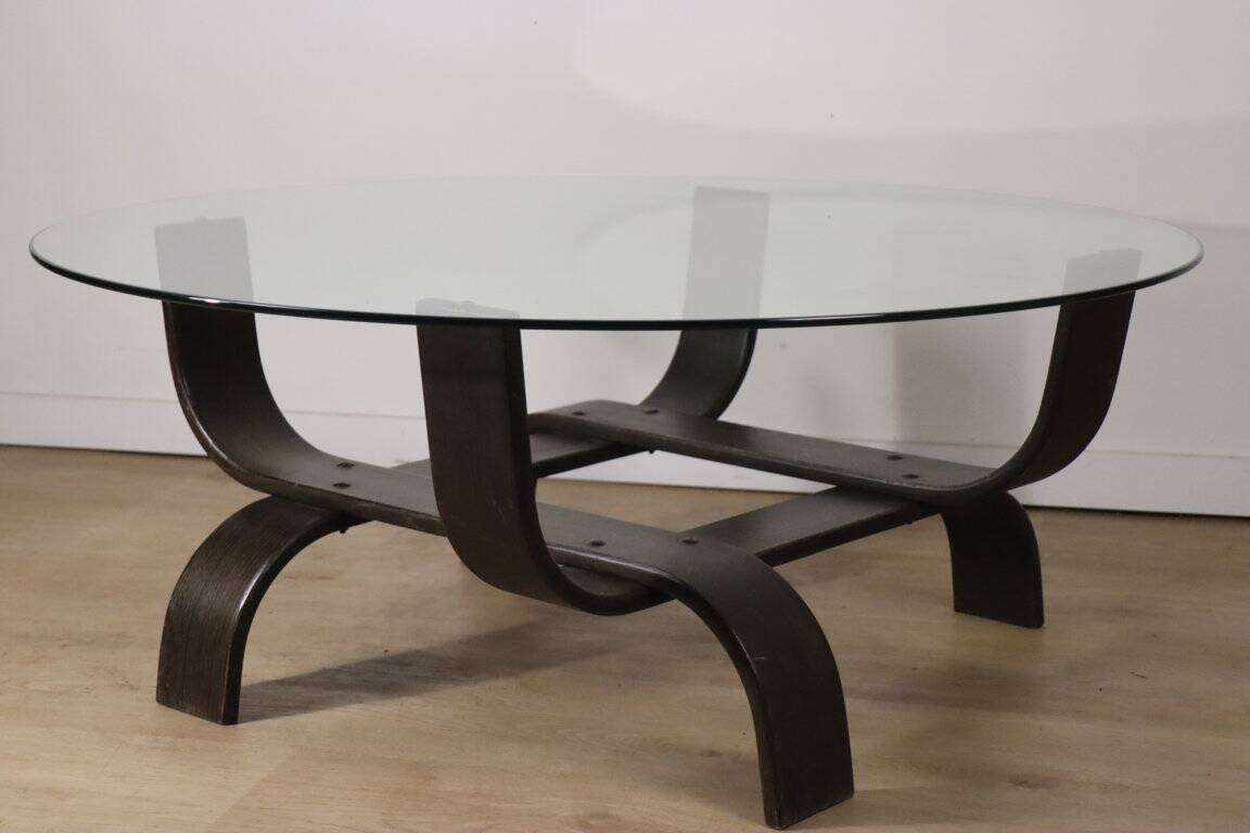 Vintage Fubo coffee table – curved wood & smoked glass – 1970s