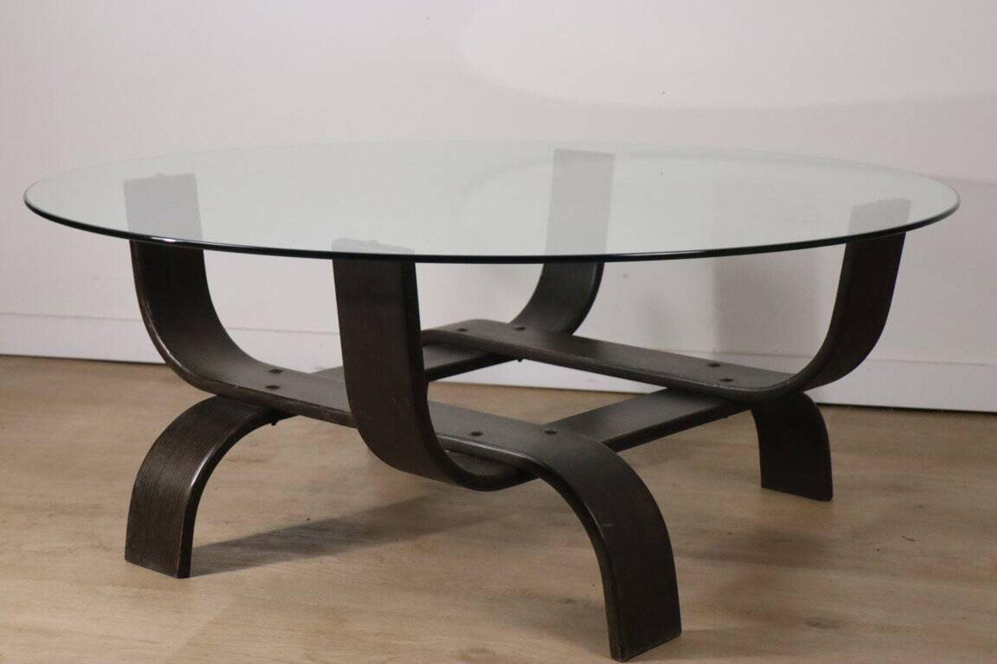 Vintage Fubo coffee table – curved wood & smoked glass – 1970s