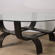 Vintage Fubo coffee table – curved wood & smoked glass – 1970s