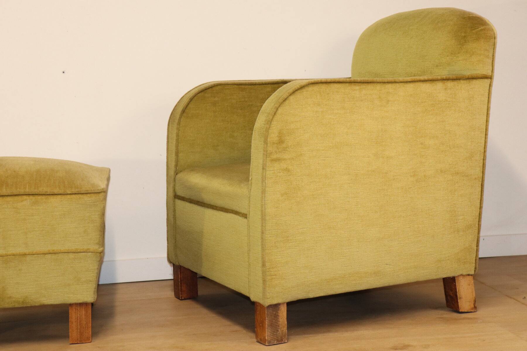 Pair of vintage velvet armchairs with footrest - 1950s