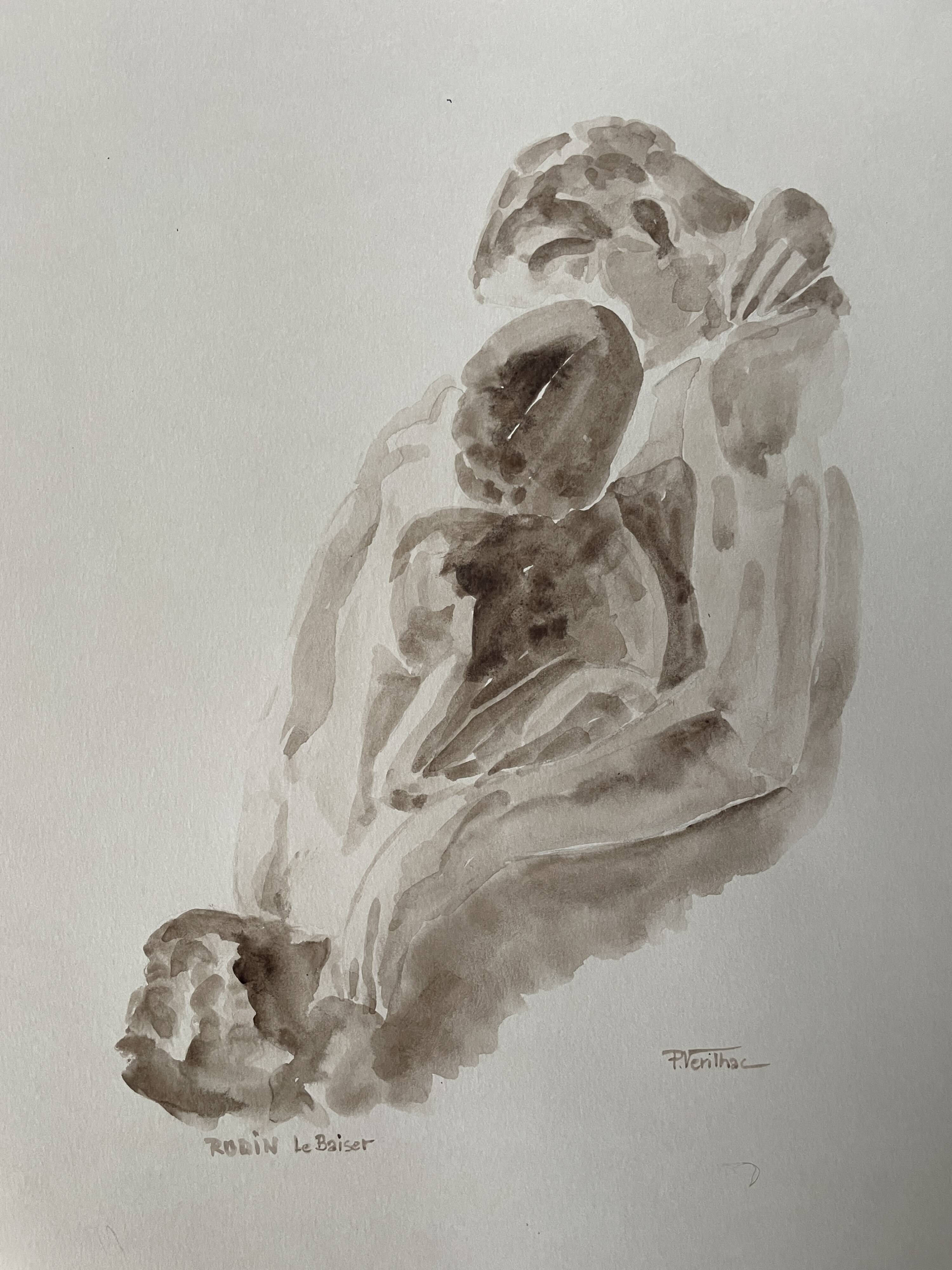 Painting signed sepia monochrome watercolor study of the statue “Rodin’s kiss”