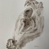 Tableau signé aquarelle monochrome sépia étude de la statue « le baiser de Rodin »