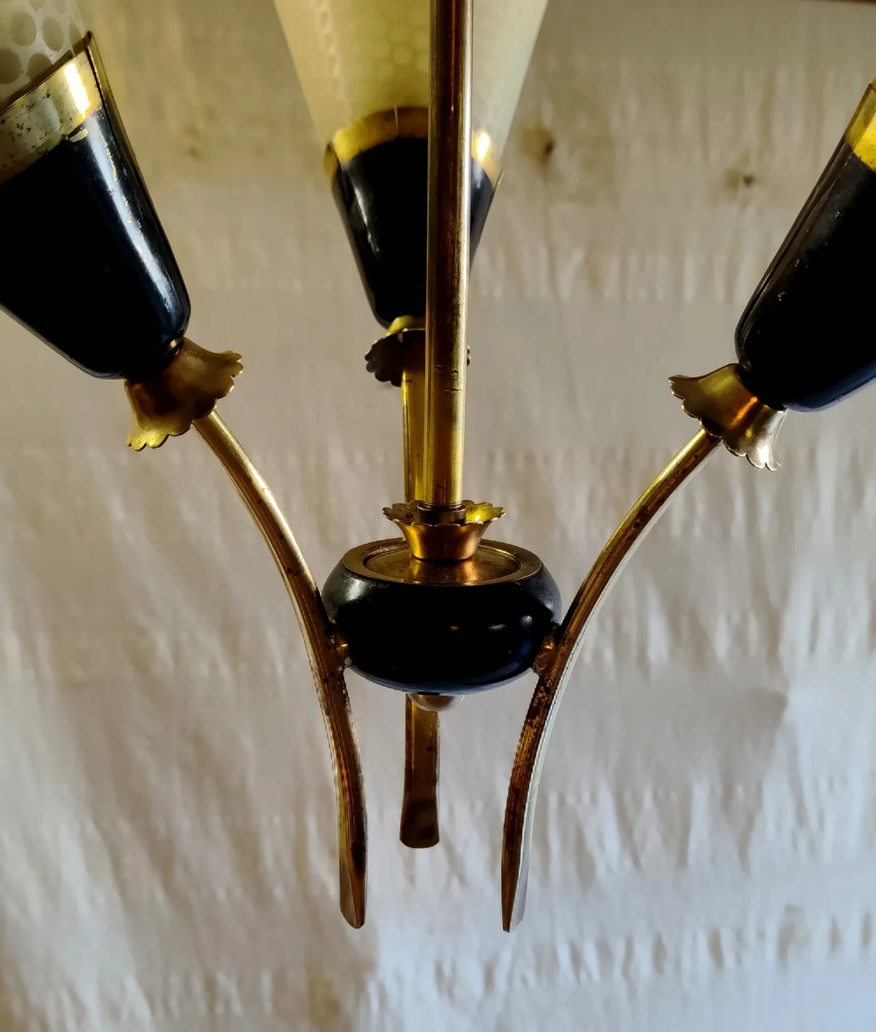 Brass and glass chandelier with 3 lights - 1950s