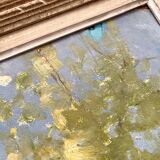 Tableau ancien, peinture à l'huile sur carton évoquant un paysage
