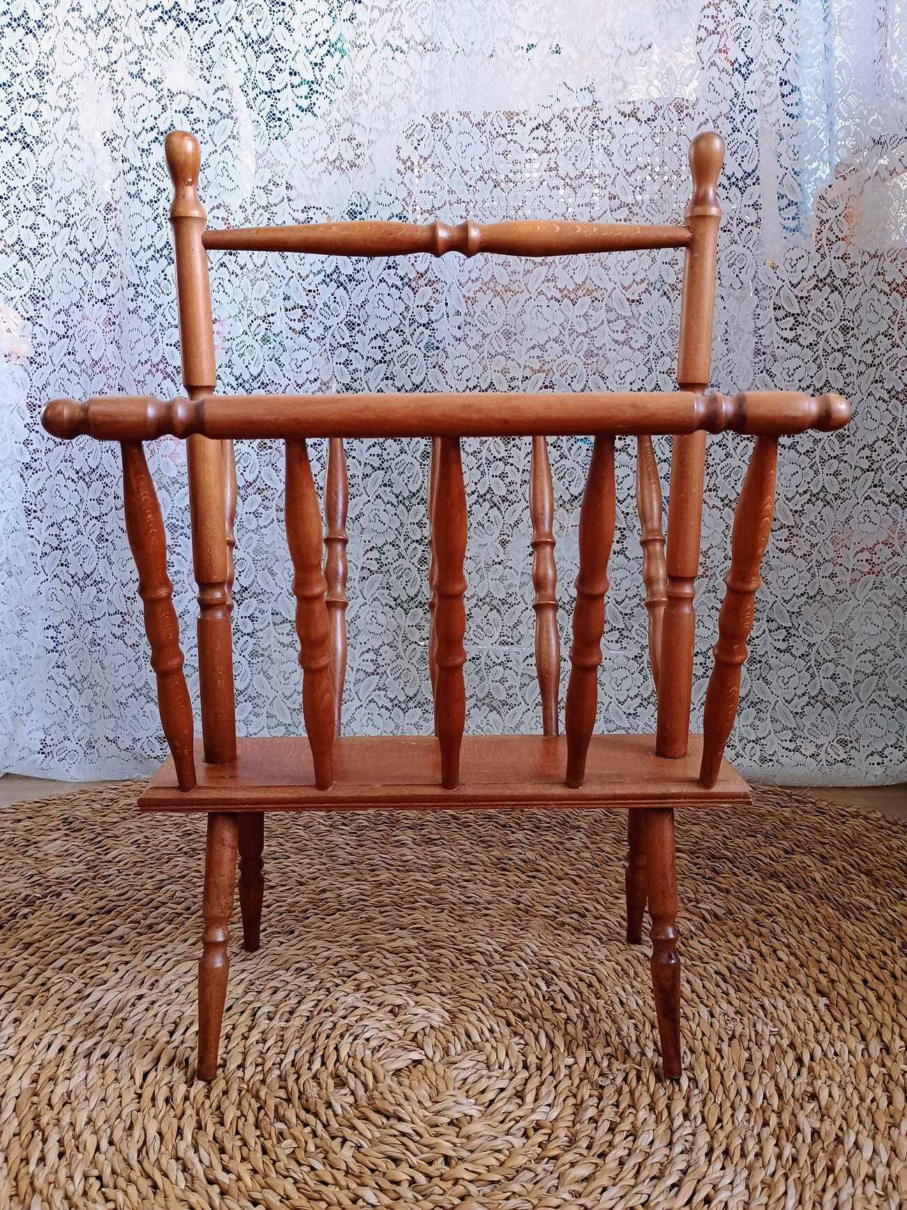 Turned wood magazine rack from the 1950s
