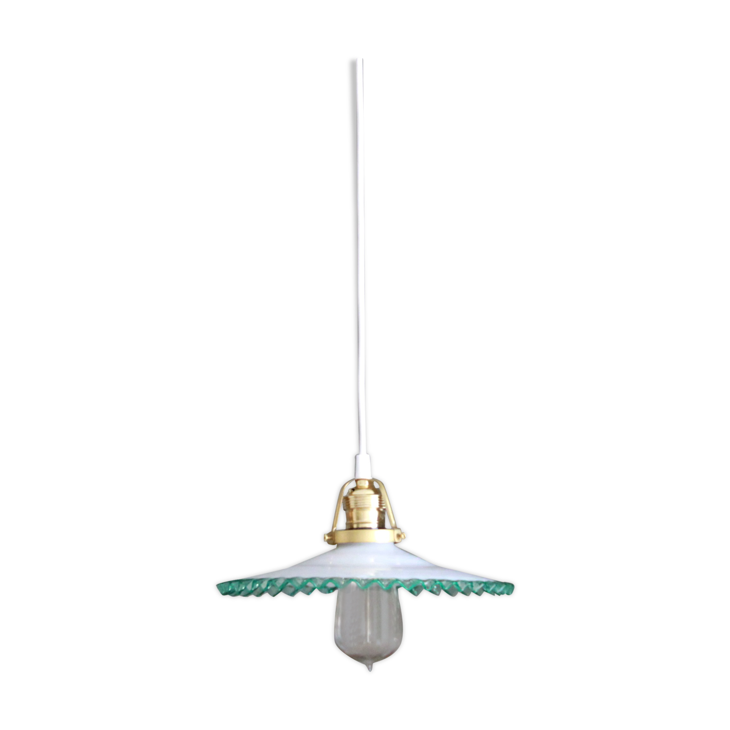 Suspension lampshade opaline flat vintage corrugated green edge