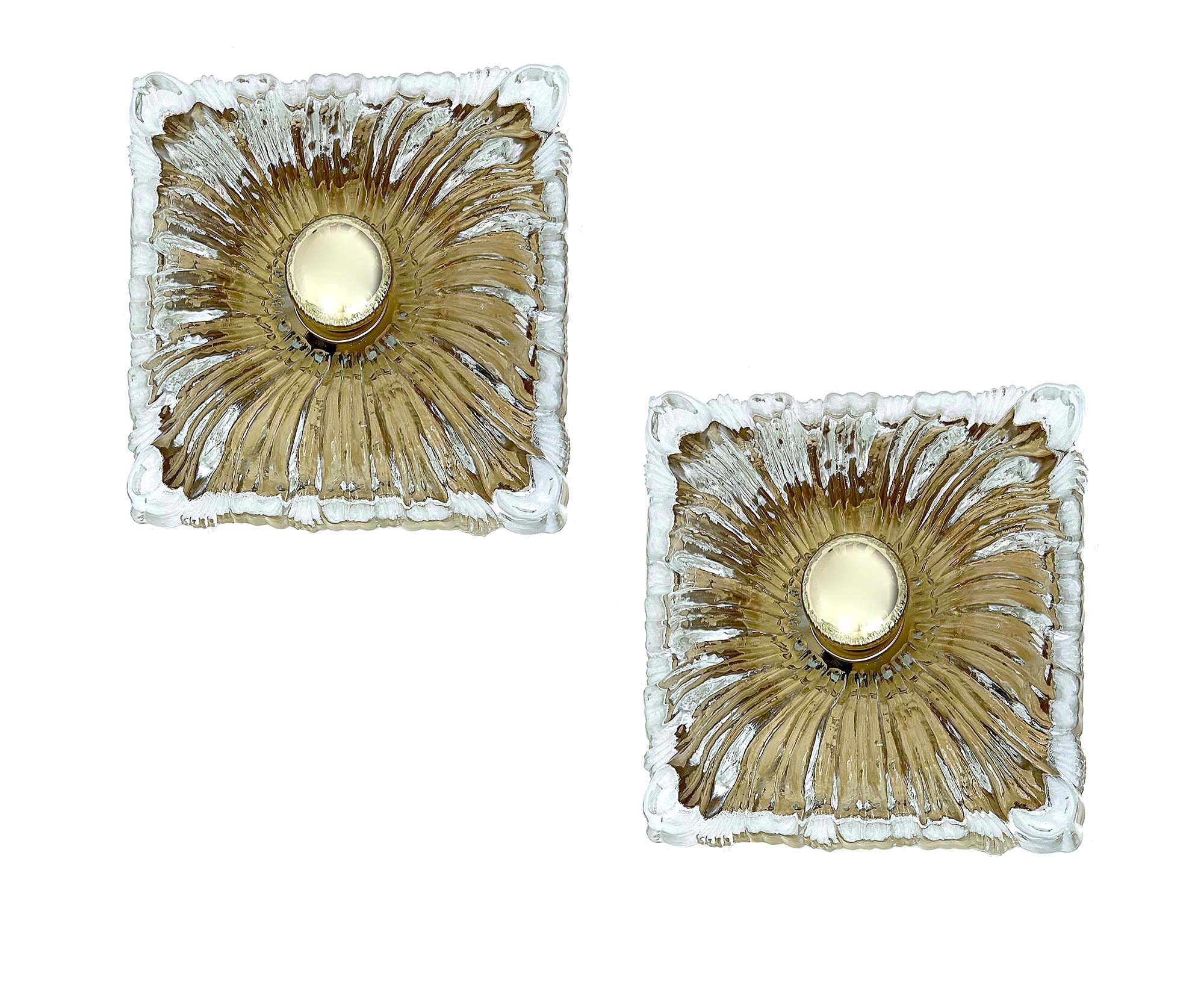 Pair large vintage architectonic wall lamps, 60s, glass