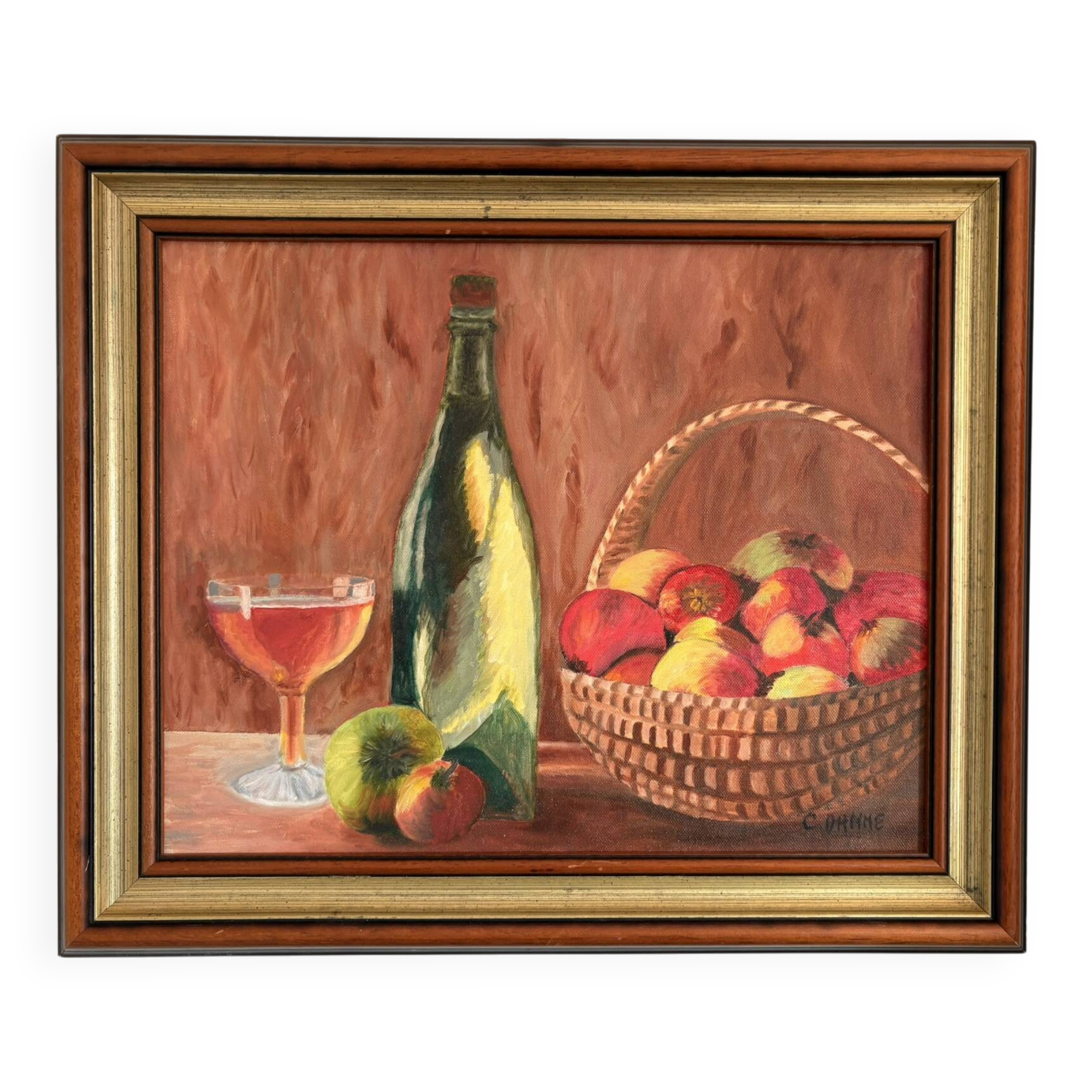 oil painting canvas still life fruit cider Normandy Calvados signed