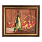 oil painting canvas still life fruit cider Normandy Calvados signed