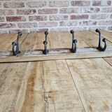 Solid teak coat hook with 4 double cast iron hooks