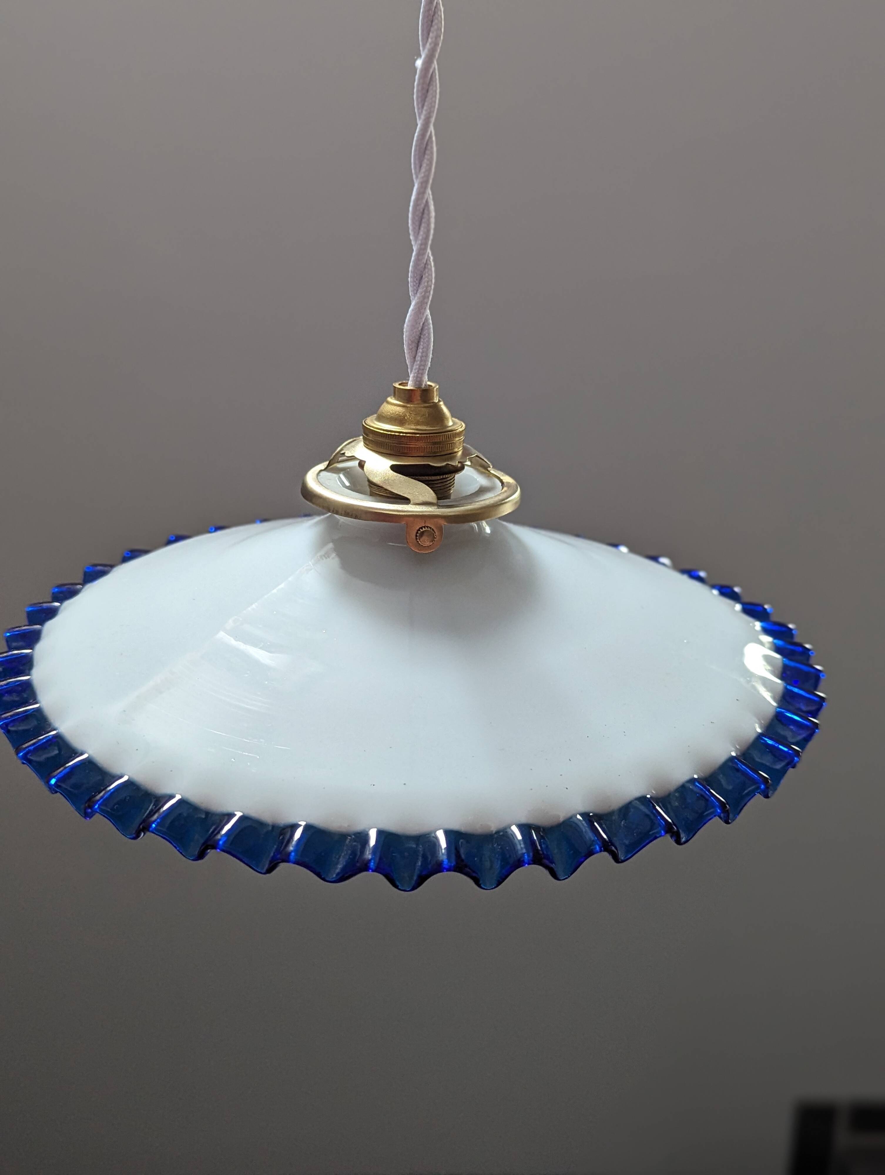 Hanging lampshade opaline serrated white/petrol blue art deco Ø24
