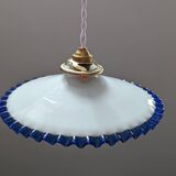 Hanging lampshade opaline serrated white/petrol blue art deco Ø24