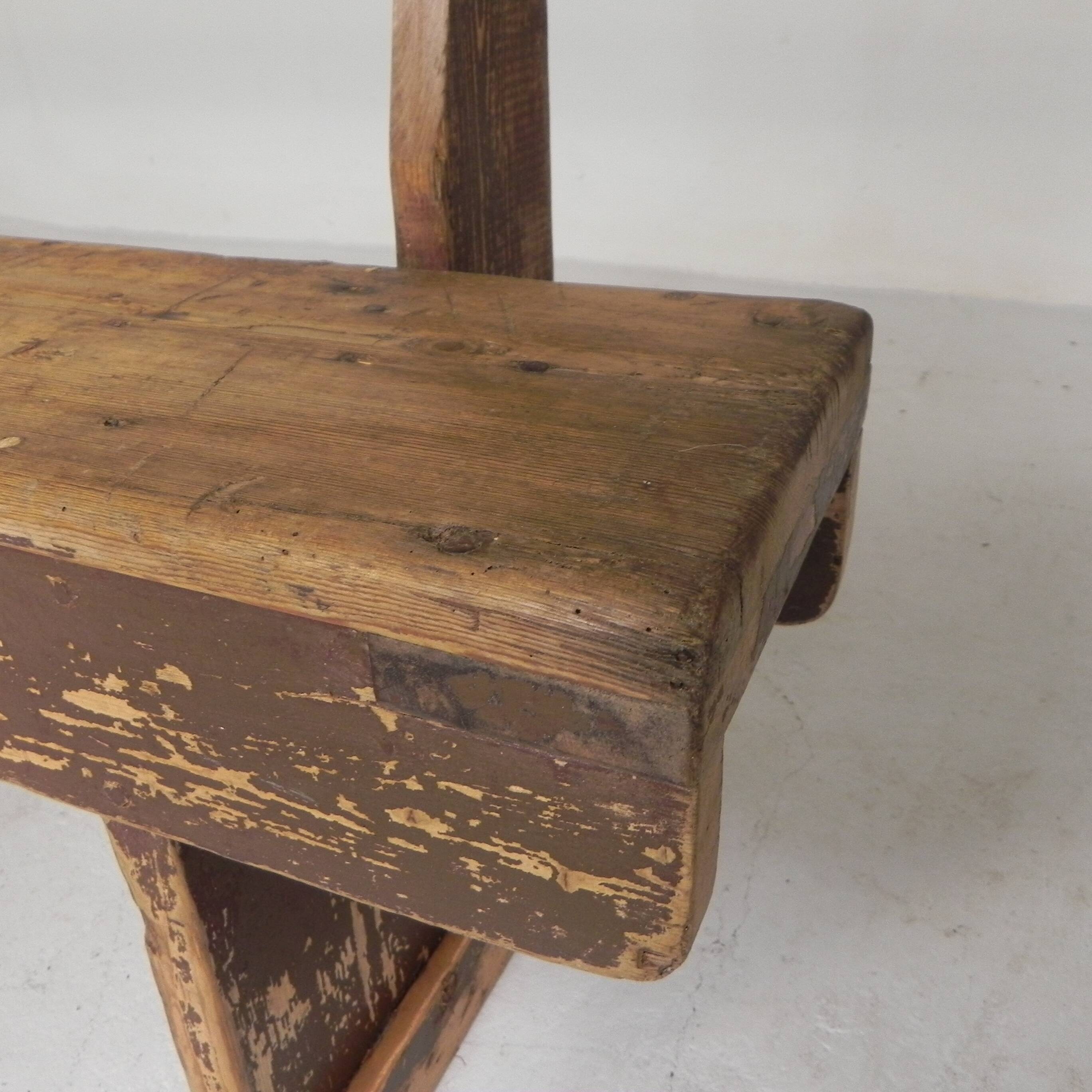 Pine bench with backrest, 2.5 metres long, 1950s.