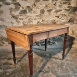Vintage French pine table with extendable side, circa 1930, suitable for kitchen or office use.