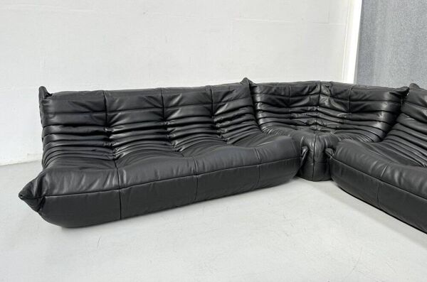 Ensemble de salon Togo français en cuir noir par Michel Ducaroy pour Ligne Roset, ensemble de 3 pièces